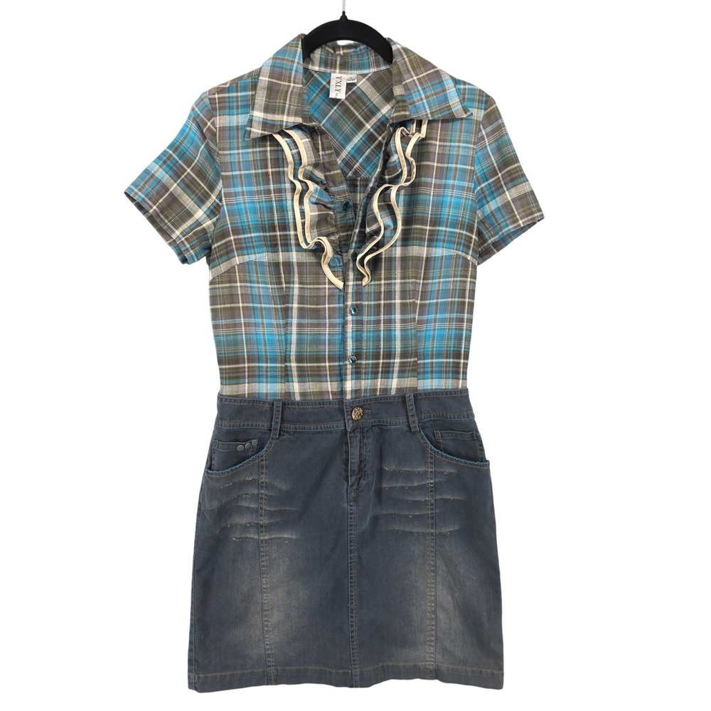 XLXY Romper Dress Size Large Plaid Ruffle Jean Denim Short Sleeve